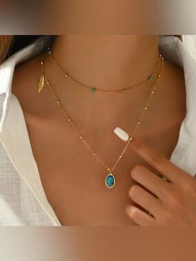 Gold Plated Stainless Steel 1pc Oval Turquiose Beaded Layered Necklace
